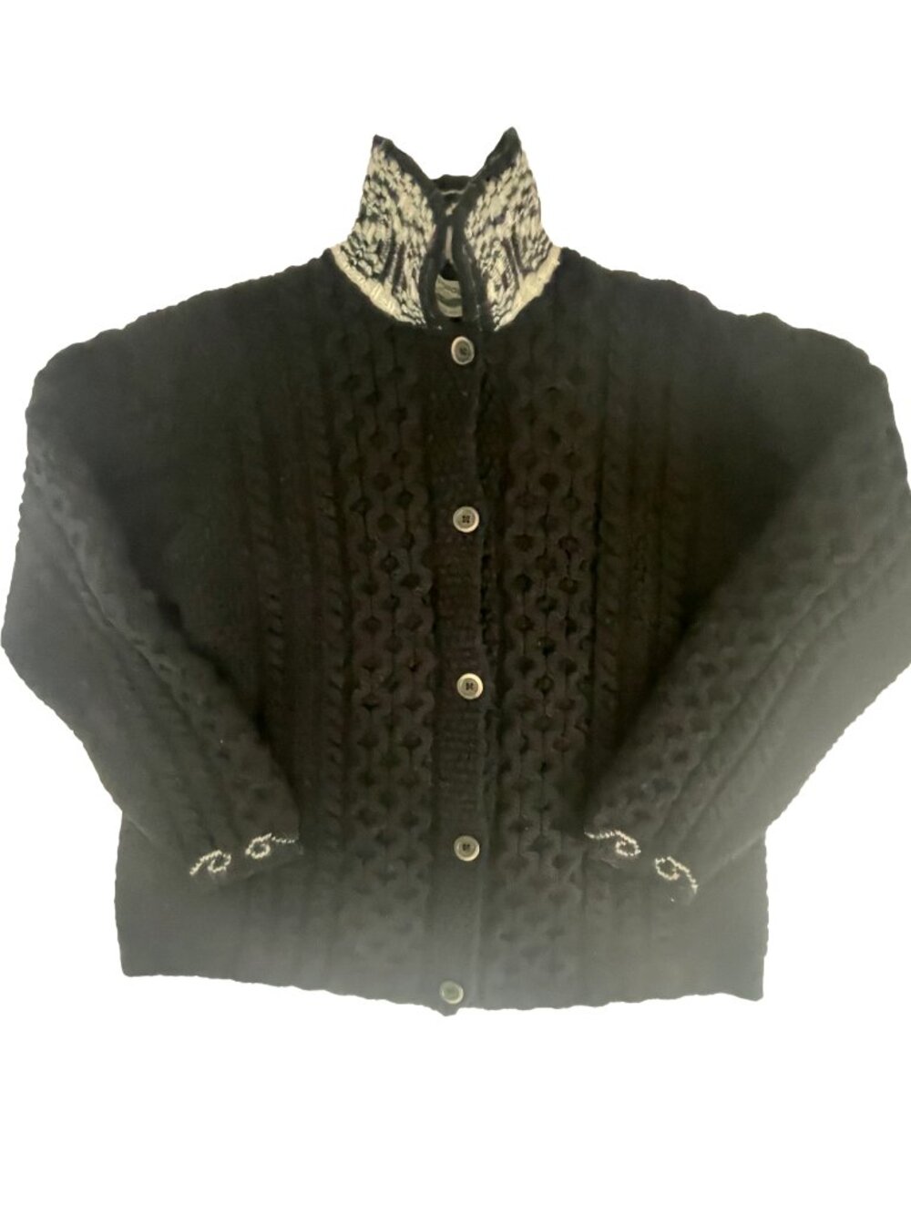Aran Crafts Ireland Merino Wool Cable Knit Cardigan Sweater Black Medium